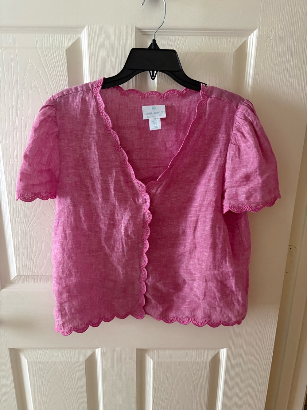 Cynthia Rowley Pink Scalloped 100% Linen Short Sleeve Blouse